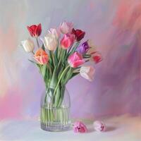 Mother's day colorful background concept with tulip flower in a glass vase. photo