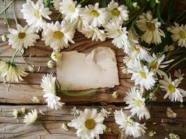 Heartwarming handwritten greeting card surrounded with vibrant white daisies. photo