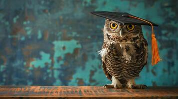 un búho vistiendo un soltero gorra para graduación concepto. foto