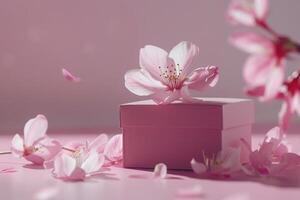 Pink gift box with spring flowers on pink background. photo