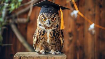 un búho vistiendo un soltero gorra para graduación concepto. foto