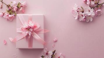 Pink gift box with spring flowers on pink background. photo