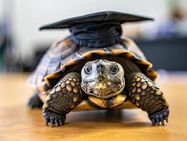 A turtle wearing a bachelor cap for graduation concept. photo