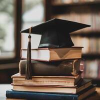 A graduation bachelor cap on a stack of book, knowledge and education concept. photo