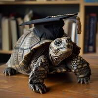 A turtle wearing a bachelor cap for graduation concept. photo