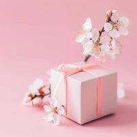 Pink gift box with spring flowers on pink background. photo