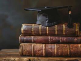 un graduación soltero gorra en un apilar de libro, conocimiento y educación concepto. foto