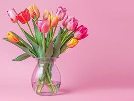 de la madre día vistoso antecedentes concepto con tulipán flor en un vaso florero. foto