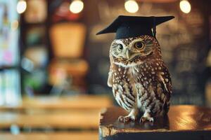 An owl wearing a bachelor cap for graduation concept. photo