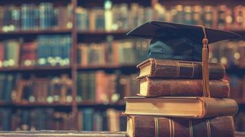 un graduación soltero gorra en un apilar de libro, conocimiento y educación concepto. foto