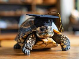 A turtle wearing a bachelor cap for graduation concept. photo