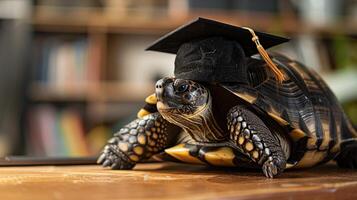 un Tortuga vistiendo un soltero gorra para graduación concepto. foto