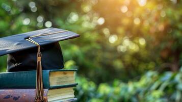 A graduation bachelor cap on a stack of book, knowledge and education concept. photo