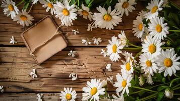 Heartwarming handwritten greeting card surrounded with vibrant white daisies. photo