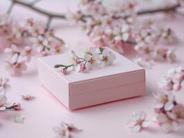 Pink gift box with spring flowers on pink background. photo