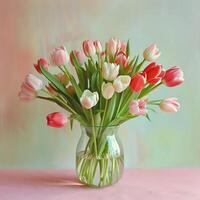 Mother's day colorful background concept with tulip flower in a glass vase. photo