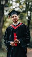 un hombre vistiendo graduación vestido y participación diploma para ceremonia celebracion. foto