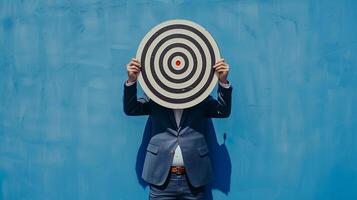 Businessman holding a dart target, dartboard, business goal concept. photo