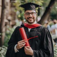 A man wearing graduation gown and holding diploma for ceremony celebration. photo