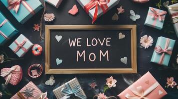 Mother's Day gift and greeting message in a small black board. photo