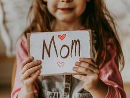 pequeño niña dando su mano escritura saludo tarjeta a su mamá. foto