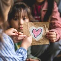 Little girl giving her hand writing greeting card to her mom. photo