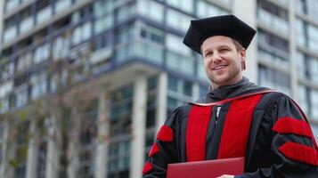 A man wearing graduation gown and holding diploma for ceremony celebration. photo