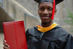 A man wearing graduation gown and holding diploma for ceremony celebration. photo