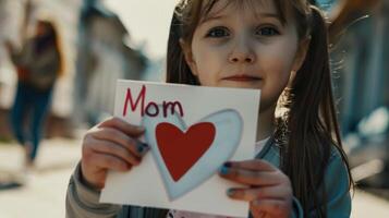 Little girl giving her hand writing greeting card to her mom. photo