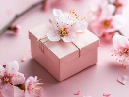 Pink gift box with spring flowers on pink background. photo