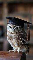 An owl wearing a bachelor cap for graduation concept. photo