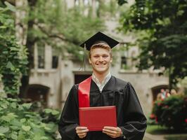 A man wearing graduation gown and holding diploma for ceremony celebration. photo