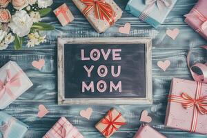 Mother's Day gift and greeting message in a small black board. photo