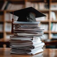 un graduación soltero gorra en un apilar de papel, nuevo graduado trabajo caza concepto. foto