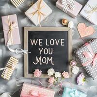 Mother's Day gift and greeting message in a small black board. photo