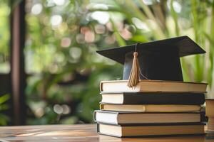 A graduation bachelor cap on a stack of book, knowledge and education concept. photo