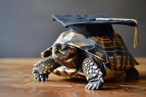 A turtle wearing a bachelor cap for graduation concept. photo