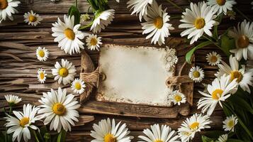 Heartwarming handwritten greeting card surrounded with vibrant white daisies. photo