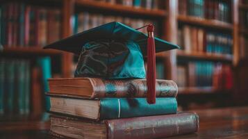 A graduation bachelor cap on a stack of book, knowledge and education concept. photo