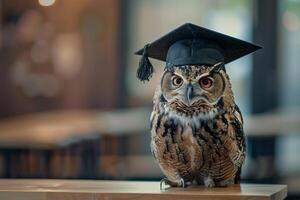 un búho vistiendo un soltero gorra para graduación concepto. foto