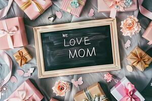 Mother's Day gift and greeting message in a small black board. photo