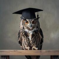 An owl wearing a bachelor cap for graduation concept. photo