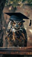 un búho vistiendo un soltero gorra para graduación concepto. foto