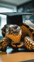 un Tortuga vistiendo un soltero gorra para graduación concepto. foto