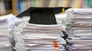 A graduation bachelor cap on a stack of paper, new graduate job hunting concept. photo