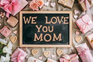 Mother's Day gift and greeting message in a small black board. photo