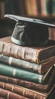 A graduation bachelor cap on a stack of book, knowledge and education concept. photo