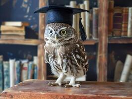 An owl wearing a bachelor cap for graduation concept. photo