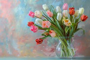 Mother's day colorful background concept with tulip flower in a glass vase. photo