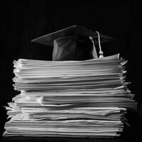 A graduation bachelor cap on a stack of paper, new graduate job hunting concept. photo